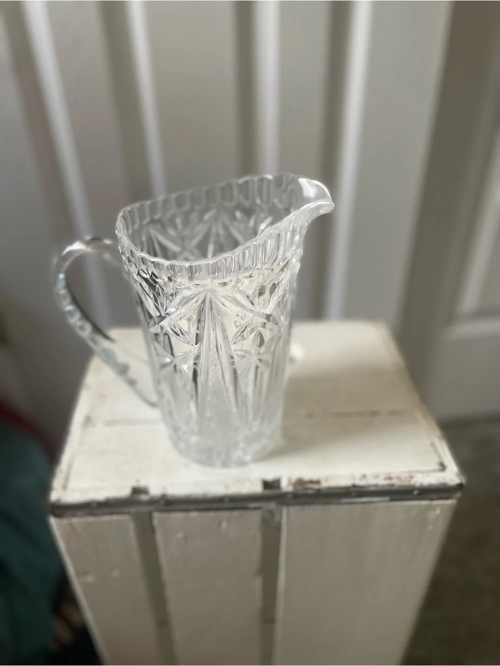 Vintage Glass Lead Crystal Water Pitcher Vase with Etched Flowers